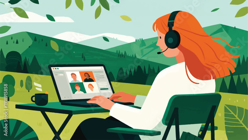 Illustration Of A Professional Working On A Laptop In The Middle Of Nature, Sitting At A Portable Desk With A Backdrop Of Green Mountains And A Clear Sky Vector Design Template