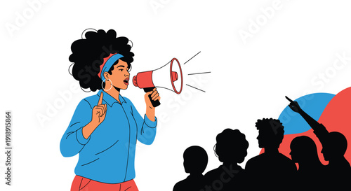 Determined woman speaking through a megaphone to lead and inspire a crowd of people during a public demonstration or rally.