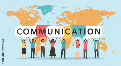 Diverse group of people holding speech bubbles that spell the word communication in front of a colorful world map background.