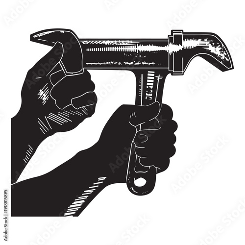 A hand grasping a hammer with a white background