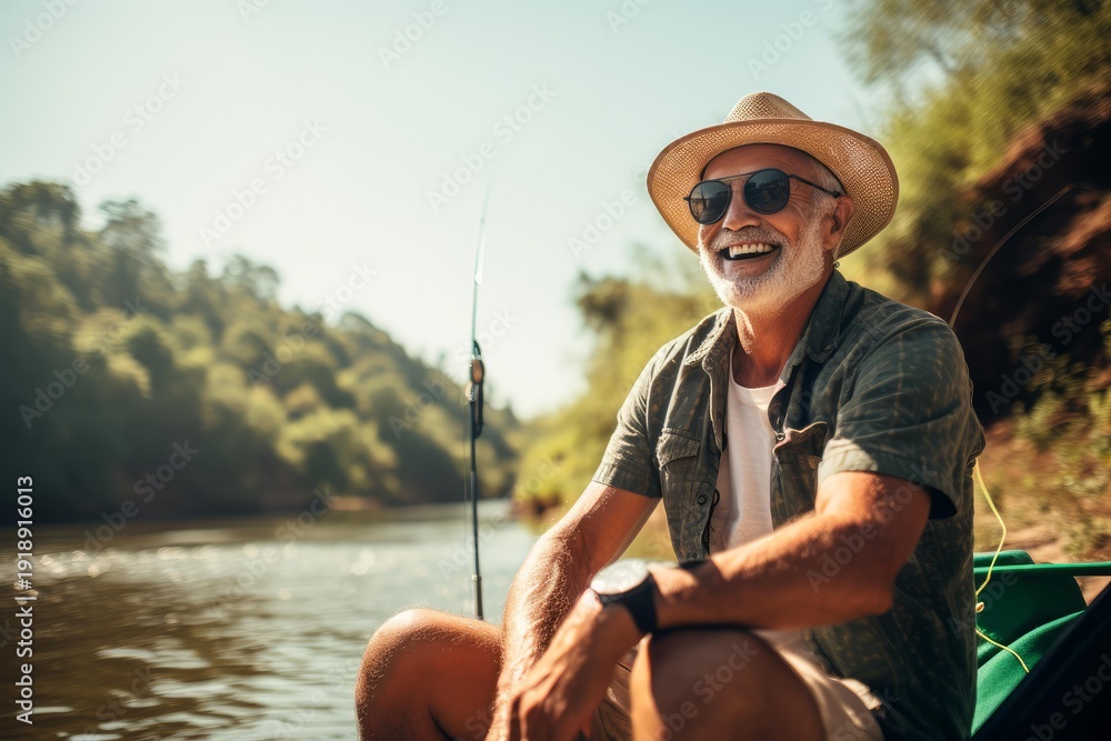 custom made wallpaper toronto digitalHappy senior man with hat and sunglasses sitting in a boat, fishing on a sunny day