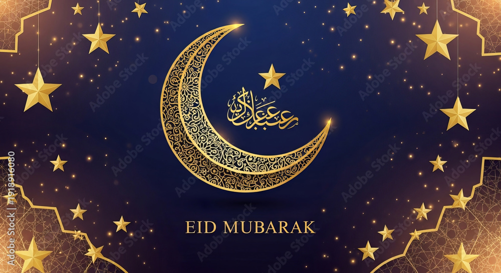 Fototapeta premium Eid mubarak greeting card with golden crescent moon and stars on dark blue background with bokeh light effects for ramadan kareem and islamic holiday celebration