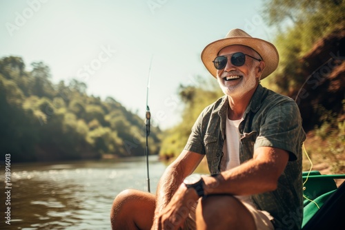 Wallpaper Mural Happy senior man with hat and sunglasses sitting in a boat, fishing on a sunny day Torontodigital.ca