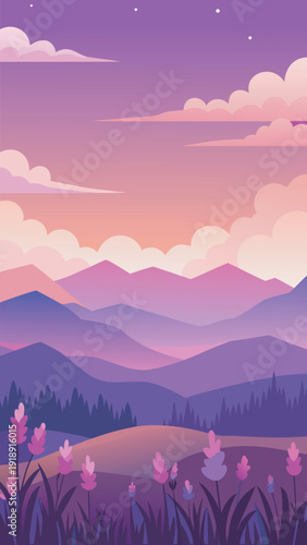 Purple Mountain Landscape at Twilight with Wildflowers and Starry Sky Vector Illustration