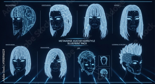 Digital Futuristic Humanoid Faces Displayed on Futuristic Screen.