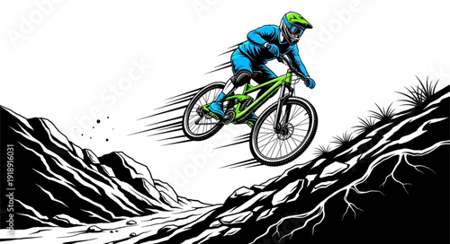 Mountain Biker Riding Downhill Trail.