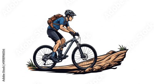 Mountain Biker Riding Downhill Trail.