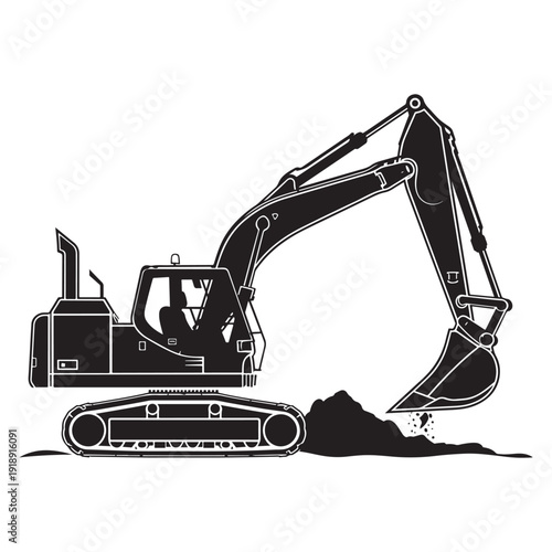 Black and white illustration of an excavator digging into a pile of dirt