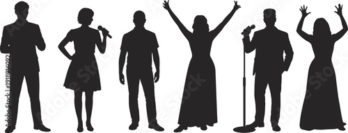 Set of black silhouettes representing diverse people including singers with microphones, presenters in suits, and joyful women with raised arms.
