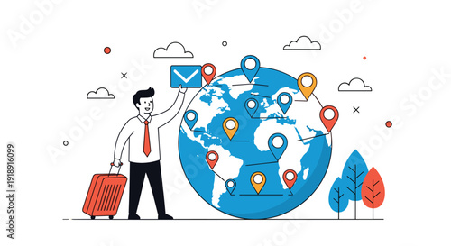 Global business travel and communication concept with man holding suitcase and email icon next to globe with map pins.