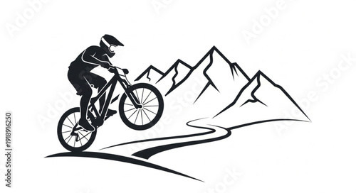 Mountain Biker Riding Downhill Trail.