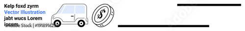 E-commerce, delivery services, logistics, online shopping, financial transactions, business growth. A van alongside a coin with a dollar sign. E-commerce and delivery services