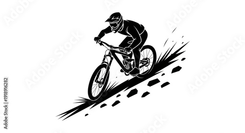 Mountain Biker Riding Downhill Trail.