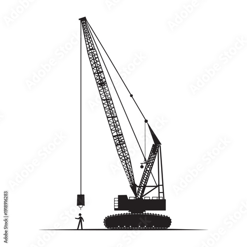 A black silhouette of a construction crane with a long boom and a worker standing nearby on a flat surface