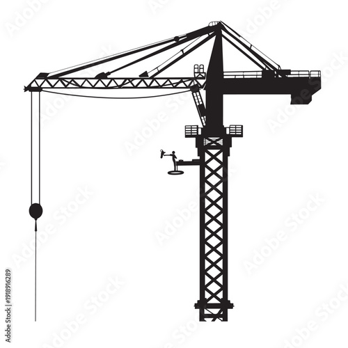 A black and white illustration of a construction crane with a lattice tower and pulley system