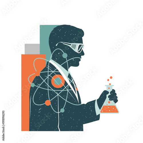 Scientist holding flask with atom symbol illustration