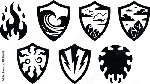 Set of black and white shields and emblems representing natural elements: fire, wave, crystals, lightning, and a virus.