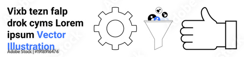 Workflow, productivity, filtration, approval process, efficiency, teamwork. A gear, funnel with elements and thumbs-up icon. Workflow and productivity illustrated with these symbols