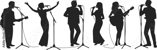 Silhouette of diverse male and female singers and guitarists performing live on stage at a concert or music festival event