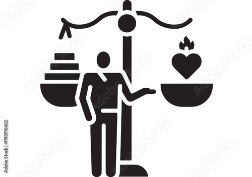 Scales justice icon with person balancing wealth and compassion, stack of coins versus heart with flame, black silhouette pictogram for ethics, fairness, moral choice