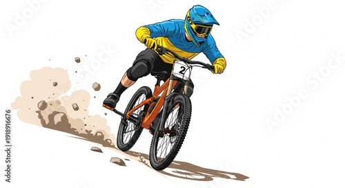 Mountain Biker Riding Downhill.