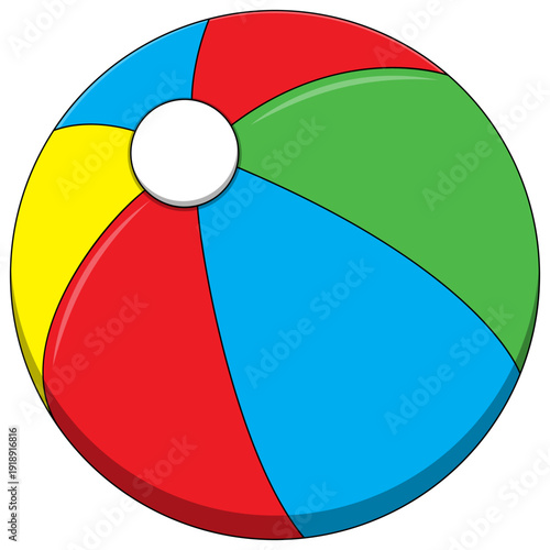 Brightly colored inflatable beach ball with red, green, blue, and yellow panels, perfect for summer games and poolside activities