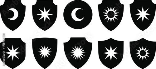Collection of shields and emblems featuring celestial bodies: moon phases, sun, and stars, in black and white.