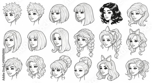 Collection of diverse anime style female character portraits hand drawn sketches.
