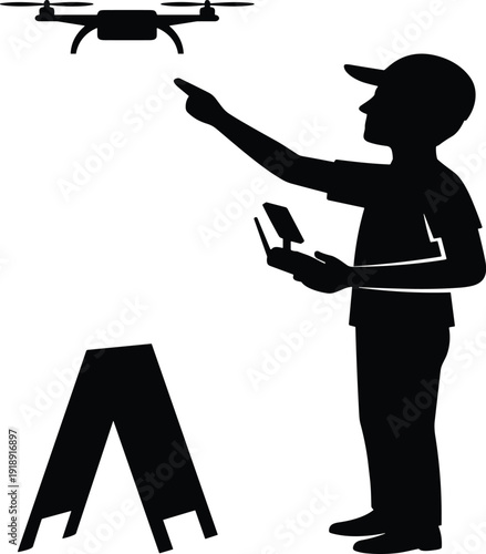 Black Silhouette Vector Illustration of a Young Man Wearing a Baseball Cap Holding a Remote Controller and Operating a Flying Camera Drone