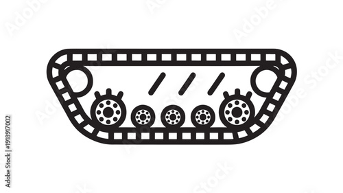 Track conveyor belt icon with sprocket wheels and rollers, tracked vehicle undercarriage symbol in black outline, industrial machinery part isolated on white