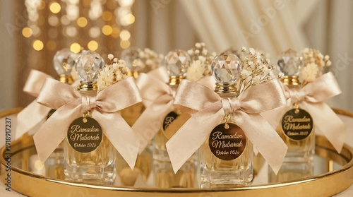 Luxury perfume bottles with ribbons on a gold tray elegant gifts or wedding favors clear glass beige bows pearls and golden accents