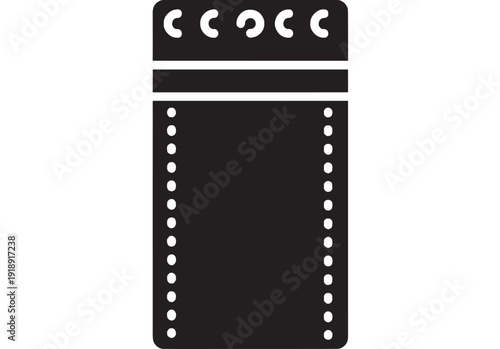 Film strip icon with perforated sprocket holes and frame border, minimal black silhouette on white background for cinema, video editing, and media apps