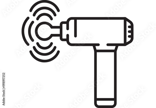 Massage gun icon with vibration waves, minimalist black outline pictogram for physiotherapy, muscle recovery, deep tissue percussion therapy, and wellness app UI
