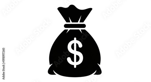 A black and white money bag icon with a dollar sign on a transparent background