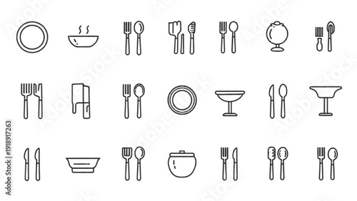 Restaurant dining and kitchen utensils outline icon set, minimal food service linear vector collection
