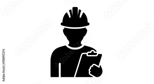 Silhouette of a construction worker holding a clipboard and wearing a hard hat on a white background