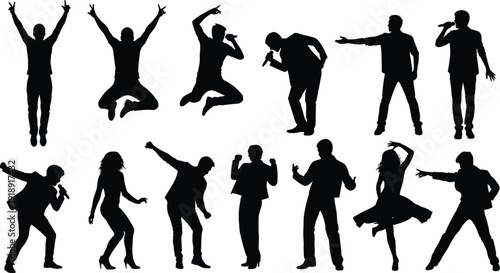 Silhouettes of energetic performers singing, dancing, jumping, celebrating, holding microphones, vibrant stage movement, artistic expression, entertainment, music performance, dynamic poses