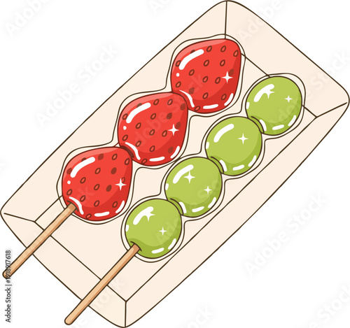 Tanghulu Flat Vector Illustration: Candied Strawberry and Green Grape Skewers on Paper Tray, Asian Street Food Dessert Snack Isolated