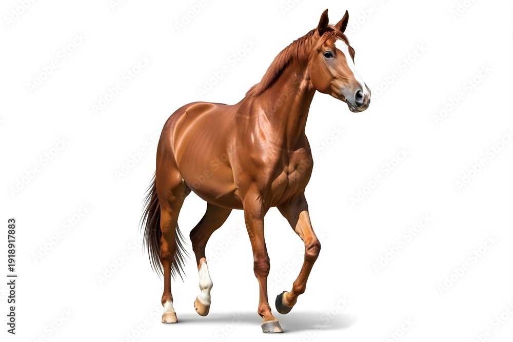 Fototapeta premium A brown horse with a white blaze on its forehead is walking