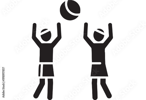Volleyball players icon with two athletes jumping to set or block ball, minimal black silhouette pictogram for sport signage, team game symbol isolated on white