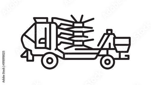 Truck concrete mixer icon with construction vehicle outline, rotating drum and chassis line art, industrial transport equipment symbol isolated on white background