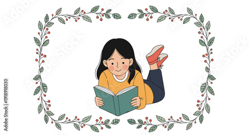 Cute girl lying on ground and reading a book for education and leisure concept within beautiful floral and berry frame.