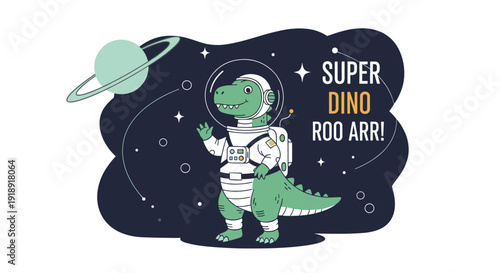 Cute green dinosaur astronaut in space suit exploring galaxy with planet and stars for kids adventure concept.