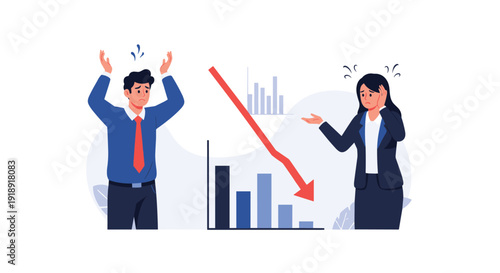 Stressed business man and woman facing financial crisis with falling red arrow and bar chart on office background.