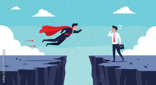 Courageous superhero businessman flying across mountain gap to rescue colleague for business leadership concept.
