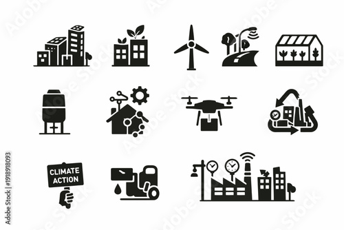 Eco friendly urban development and sustainable technology icons