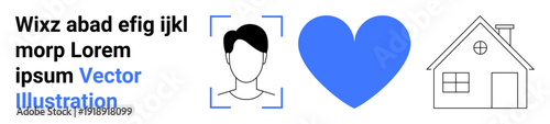 Identity verification, relationships, home ownership, digital security, family life, conceptual art. Facial recognition icon, heart shape and home outline are . Identity verification