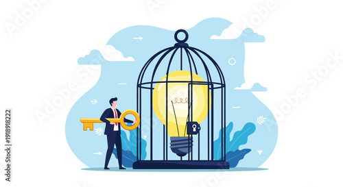 Creative business idea and solution concept with man holding giant golden key to unlock lightbulb in birdcage.