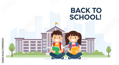 Back to school concept with cute boy and girl students sitting on ground with books before city school building.