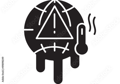 Icon global warming alert with warning triangle, overheating thermometer and heat waves in bold glyph style for climate change hazard, environmental risk and weather warning signage